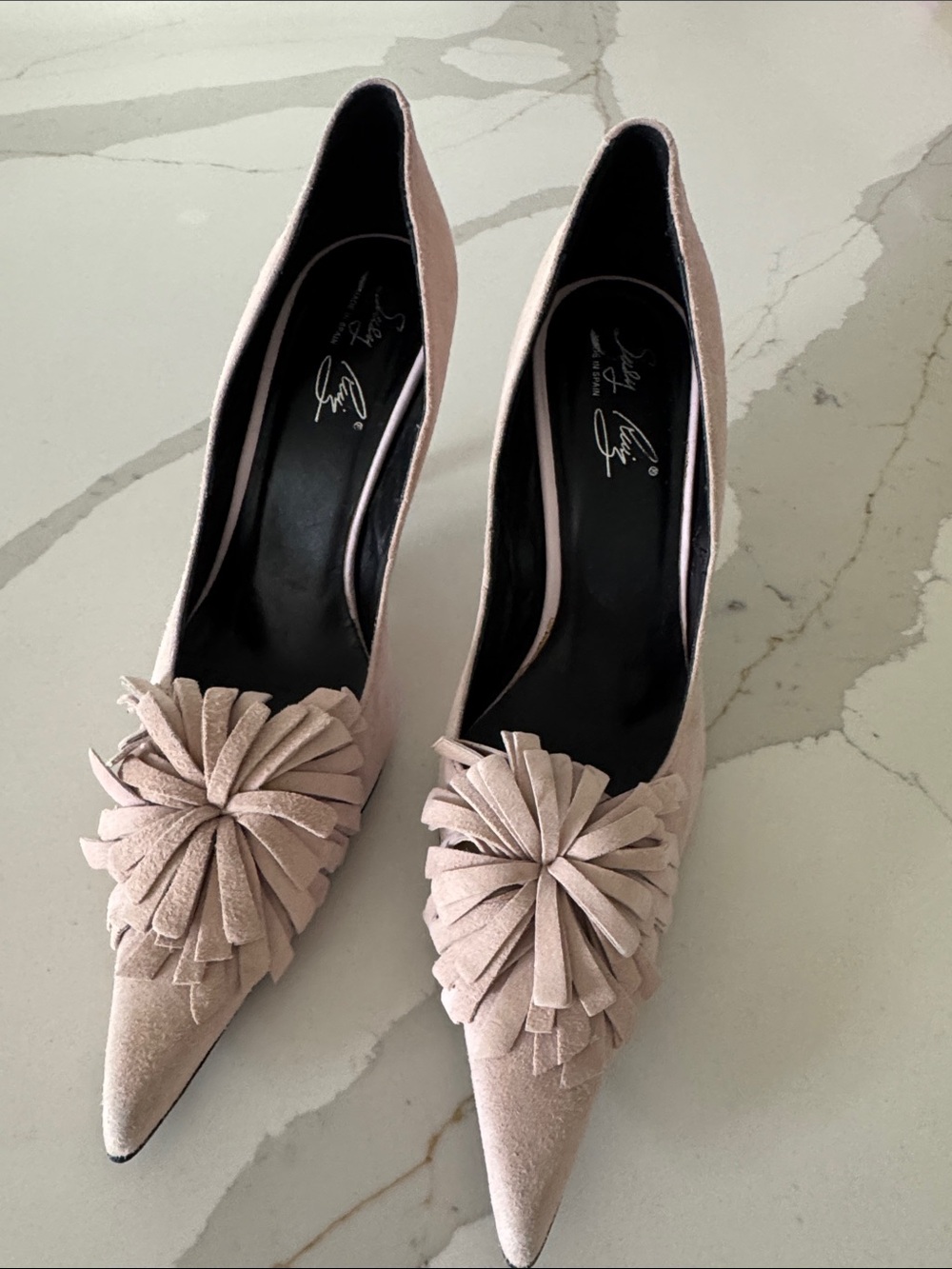 Suede Pointed-Toe Pumps with Pom-Pom Accent - Blush Pink 10